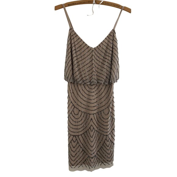 Adrianna Papell Art Deco Strapless Blouson Beaded Dress Tan Petite Size 6 - Picture 1 of 13